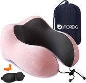 ForDig Premium Nekkussen Roze - Inclusief Slaapmasker & Oordopjes - Memory Foam Reiskussen - Ergonomisch Vliegtuig Reis Nek Kussen - Neksteun Reiskussentje Auto - Air Travel Pillow