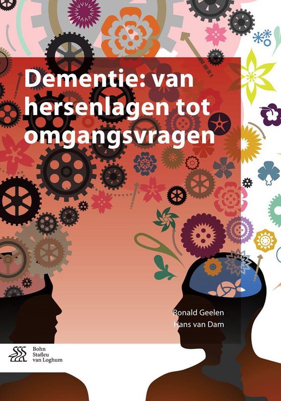 Boekcover 'Dementie: van hersenlagen tot omgangsvragen' met tandwielen en bloemen, en profielen van hoofden.