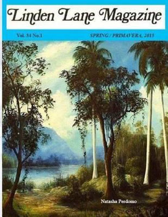 Linden Lane Magazine uitgave voorjaar 2015 met een schilderij van een tropisch landschap met palmbomen en een rivier.