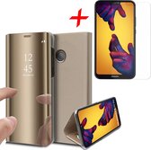 Spiegel Hoesje voor Huawei P20 Lite Lederen Wallet Book Case Goud + Screenprotector Tempered Gehard Glass van iCall