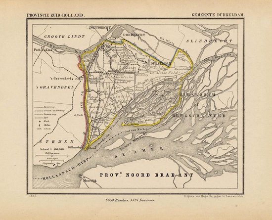 Historische kaart, plattegrond van gemeente Dubbeldam in Zuid Holland uit 1867 door Kuyper van Kaartcadeau.com