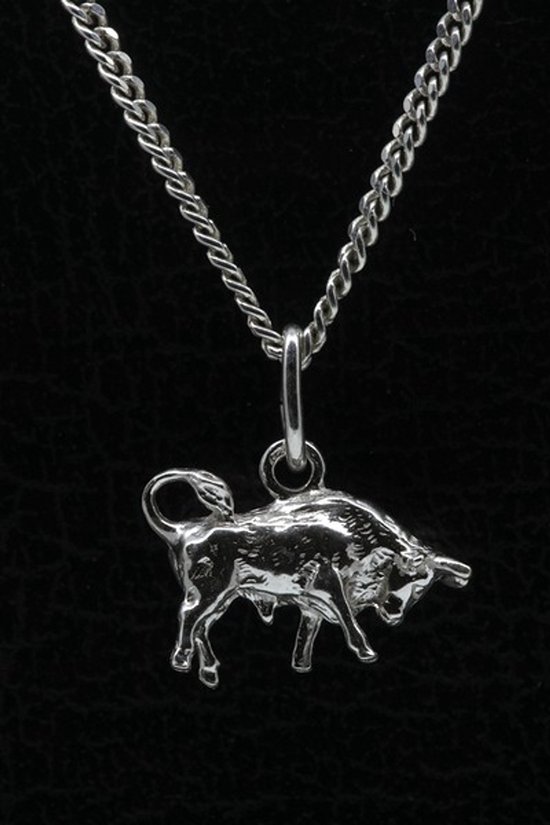 Pendentif en argent d'un Taureau, avec un corps détaillé et une chaîne à maillons torsadés.