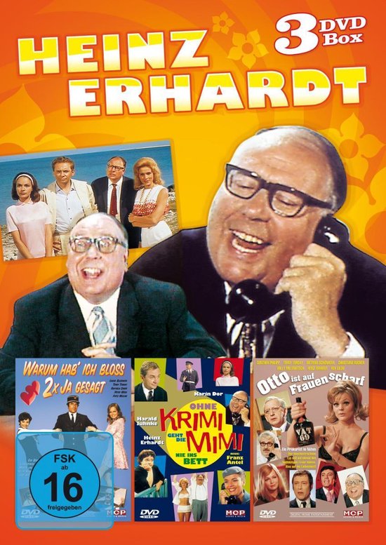 DVD box met Heinz Erhardt, 3 komediefilms: 'Warum hab' ich bloss 2x ja gesagt', 'Ohne Krimi geht die Mimi nie ins Bett' en 'Otto ist auf Frauen scharf'.