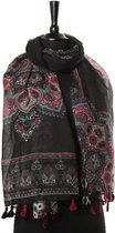 Dames sjaal zwart rood petrol turkoois met kwastjes 90 x 175 cm