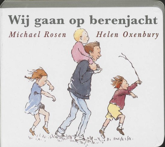 Boek "Wij gaan op berenjacht" met een tekening van een vader die twee kinderen draagt en een jongen met een stok.