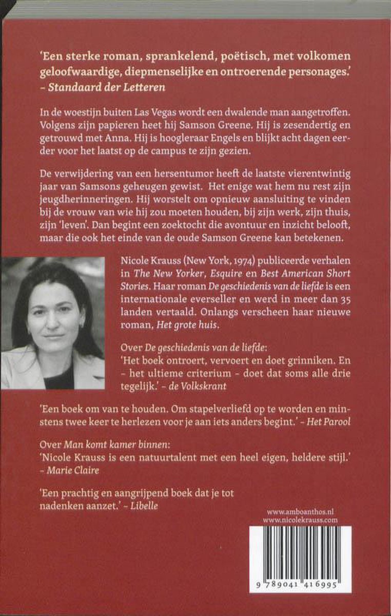 Achterzijde boek "Man komt kamer binnen" van Nicole Krauss. Met recensies, foto auteur, ISBN en barcode.