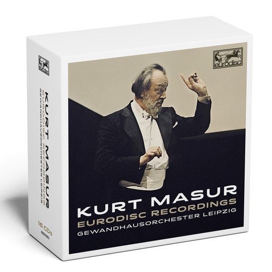 Doos met 16 cd's van Kurt Masur Eurodisc Recordings met Gewandhausorchester Leipzig. Grote foto van dirigent Kurt Masur.