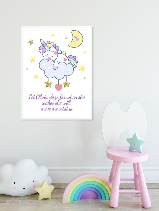 Gepersonaliseerde Poster Babykamer Of Kinderkamer, Poster Met Naam Van Kind, Gepersonaliseerd Kraamcadeau. Inclusief Fotolijst ! 50x70 Cm (B2). Unicorn. Let Her Sleep, For When She Wakes She Will Move Mountains
