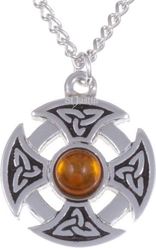 Collier croix de pierres précieuses à nœud triangulaire avec pierre d'ambre