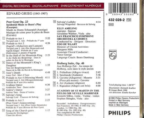 Ingepakte CD met Edvard Grieg (1843-1907) werken: Peer Gynt Op. 23, Holberg Suite Op. 40. Met tracklist en artiesten.