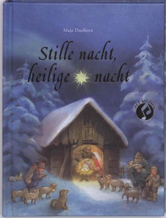 Een houten kerststal in besneeuwde bomen, met de geboorte van Jezus in de kribbe. Buiten staan herders met schapen en een paar andere figuren. Titel: 'Stille nacht, heilige nacht'.