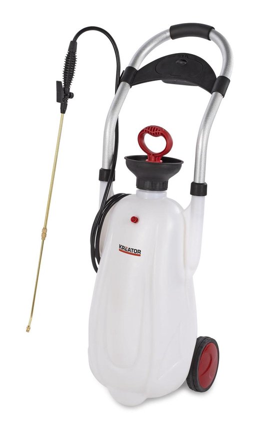 Witte drukpomp op trolley met zilverkleurige handgrepen en spuitlans.