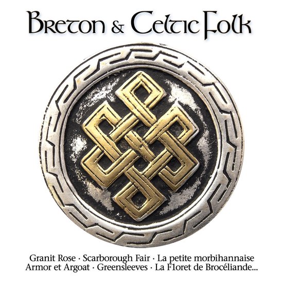 Motif de nœud celtique doré sur un bouclier rond argenté vieilli. Avec le texte : Breton & Celtic Folk.