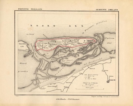 Foto: Historische kaart plattegrond van gemeente ameland in friesland uit 1867 door kuyper van kaartcadeau com