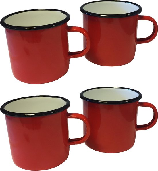 Emaille mok - rood met zwarte rand - 8 cm - 4 stuks | bol.com