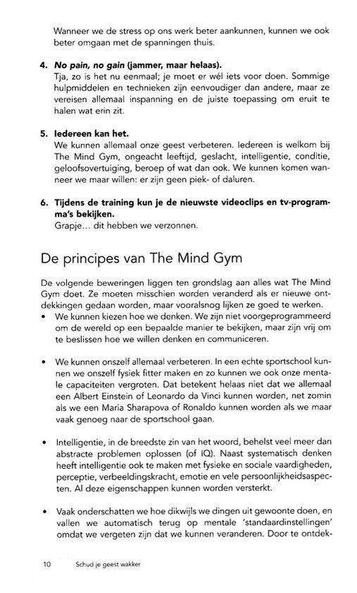 Pagina met tekst over de principes van 'The Mind Gym' en hoe het kan helpen bij het verbeteren van gedrag en communicatie.