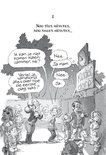 Illustratie van mensen bij een bord 'Kinderdorp', met tekstballonnen en pratende karakters.