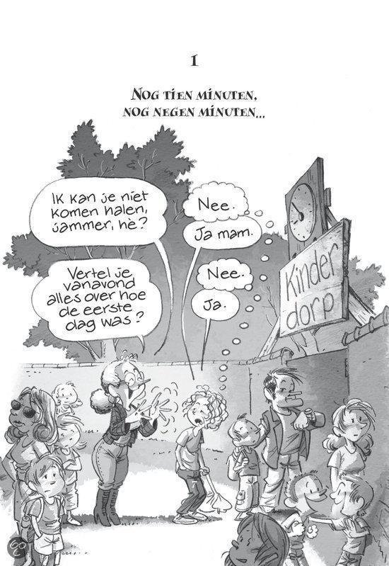 Illustratie van mensen bij een bord 'Kinderdorp', met tekstballonnen en pratende karakters.