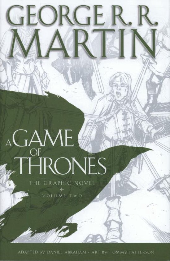 Couverture du livre 'A Game of Thrones The Graphic Novel Volume Two' par George R.R. Martin, avec une silhouette de corbeau et des dessins de personnages.