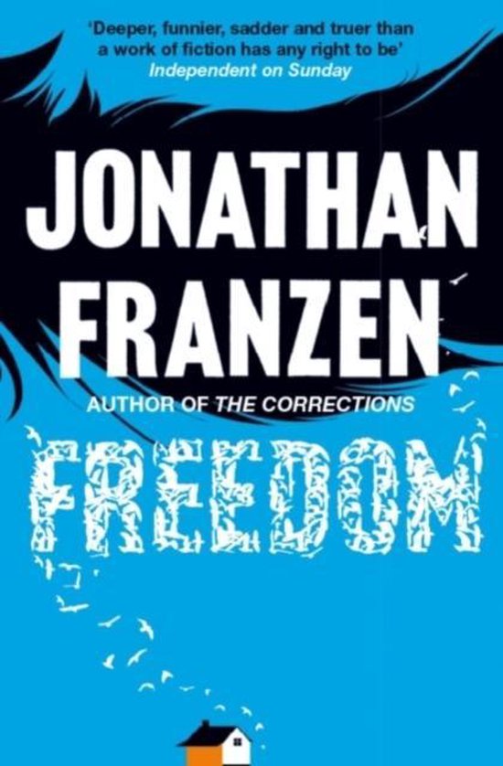 Boek "Freedom" van Jonathan Franzen, auteur van "The Corrections", met een blauwe omslag en vogels.