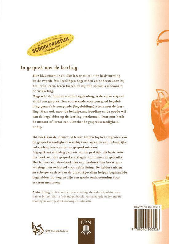 Achterpagina van een boek met een gele ovale sticker met 'SCHOOLPRAKTIJK leerlingbegeleiding'.
