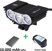 SolarStorm X3 set - USB MTB/race LED koplamp EXTREEM veel licht met 3x CREE T6 LED - met 10.000 mAh LiPo Powerbank en handig frametasje
