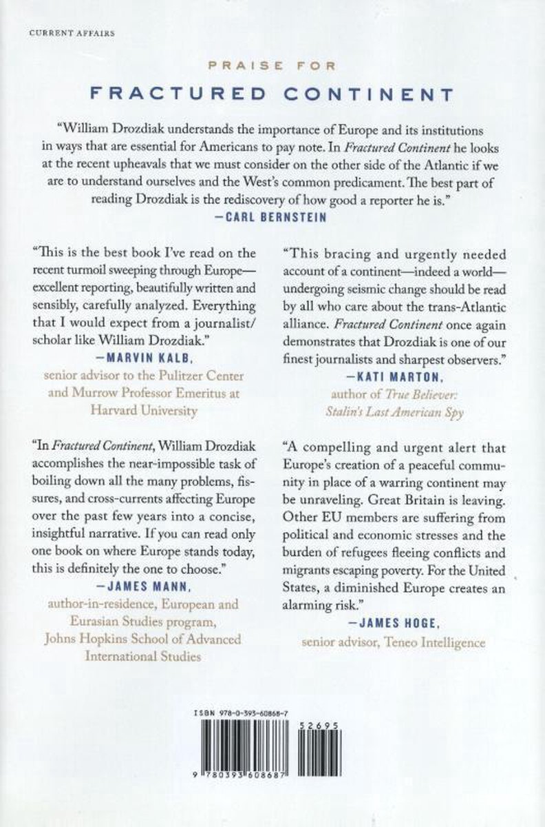 Achterkant van het boek 'Fractured Continent' met recensies, auteur en ISBN-nummer.