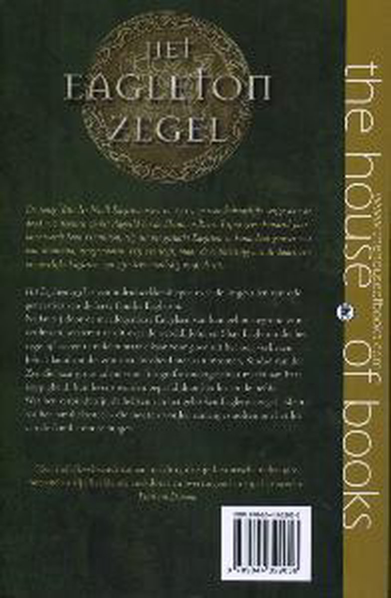 Achterkant boekcover: Tekst met "Het Eagleton Zegel" bovenaan, barcode en "the house of books" aan de zijkant.
