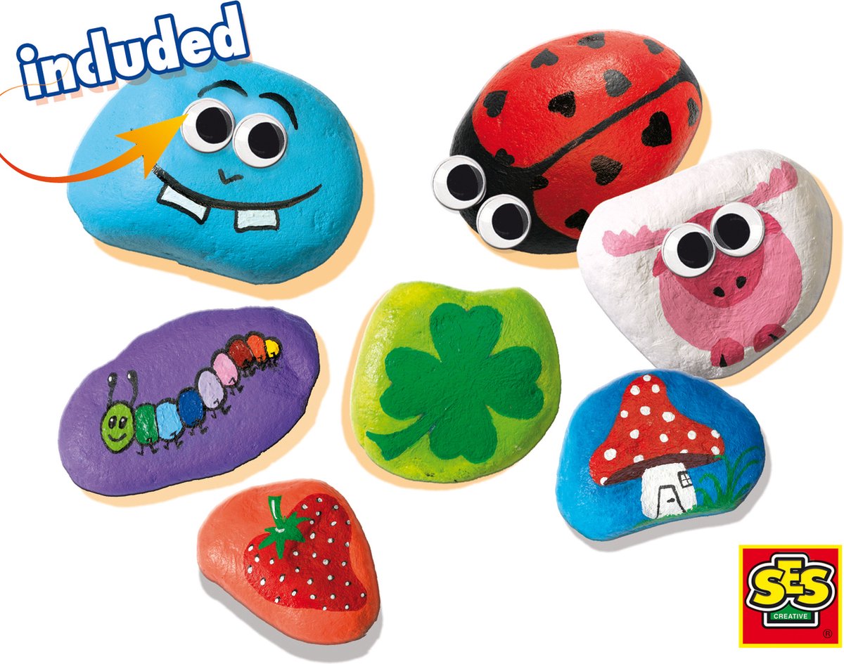 SES Creative – Stenen schilderen – creatieve knutselset vanaf 5 jaar – inclusief stenen, verf, penseel en wiebeloogjes — cadeau in Spellen & Speelgoed - foto 2