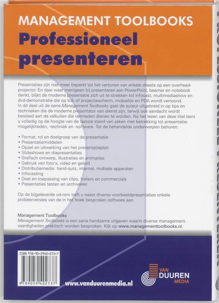 Boekomslag met de titel 'Management Toolbooks Professioneel presenteren'. Tekst en een isbn-nummer.
