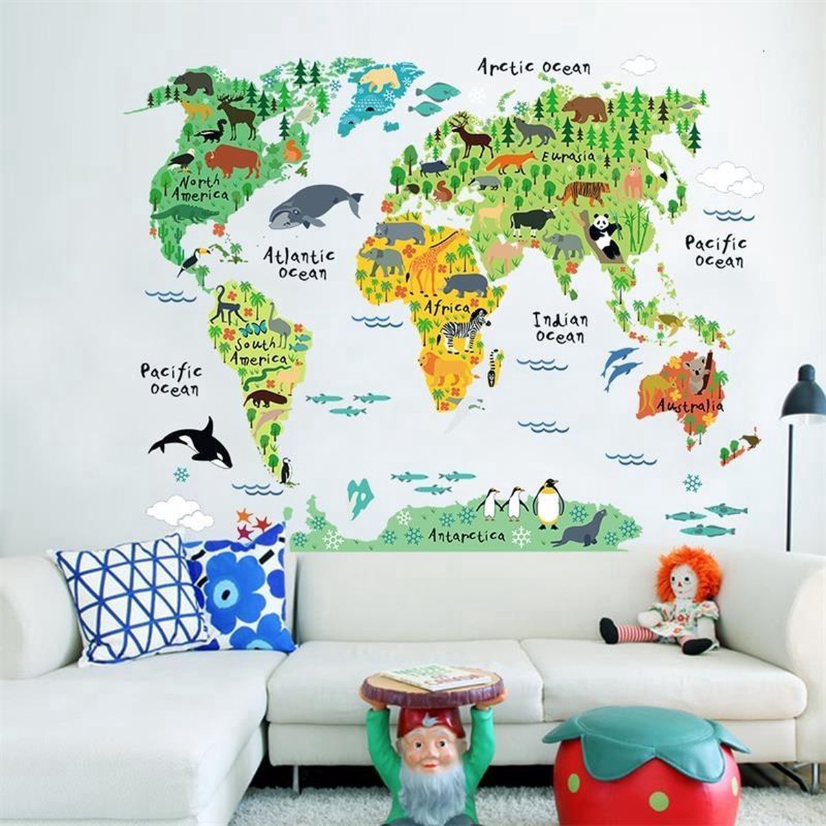 Muursticker wereldkaart kinder 73x95