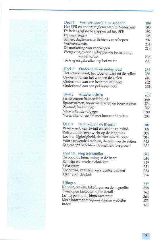 Inhoudsopgave van 'Het Zeilboek' met hoofdstuktitels en paginanummers.