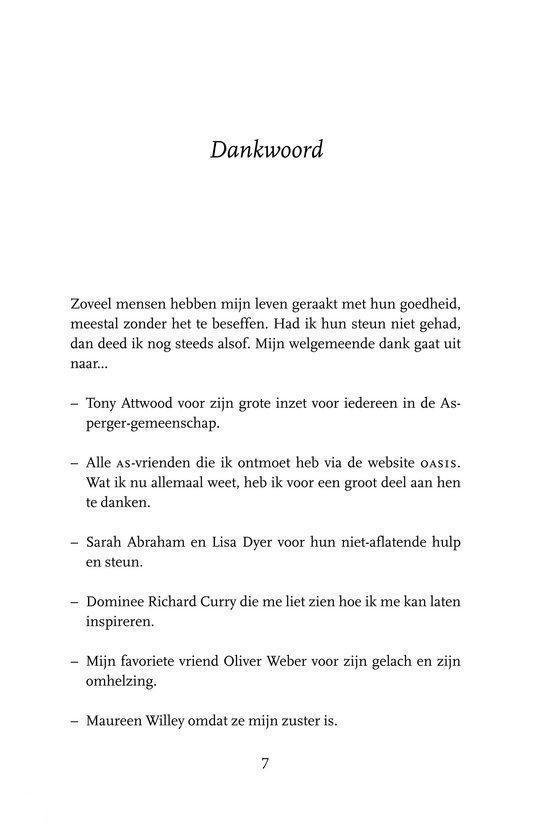 Bladzijde 7 met 'Dankwoord'. Bedankjes aan o.a. Tony Attwood, Sarah Abraham, Lisa Dyer, Dominee Richard Curry, Oliver Weber en Maureen Willey.
