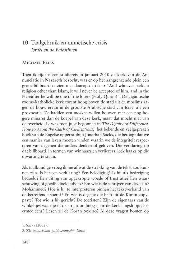 Bladzijde met de titel "10. Taalgebruik en mimetische crisis" en tekst over Israël en Palestina.