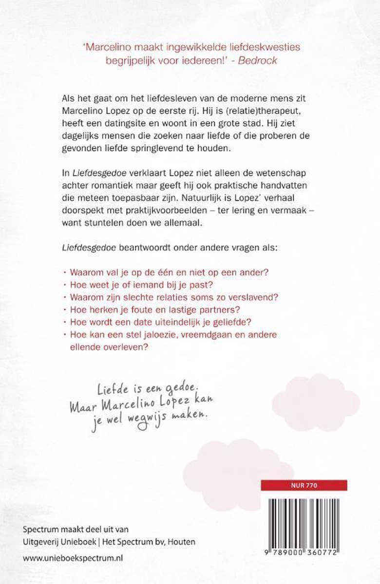 Achterkant boek: Liefdesgedoe door Marcelino Lopez. Tekst over liefde en relaties. ISBN 97890000360772.