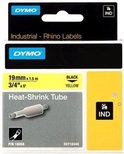 Verpakking DYMO Rhino Heat-Shrink Tube labels, 19 mm x 1,5 m, zwarte tekst op gele achtergrond.