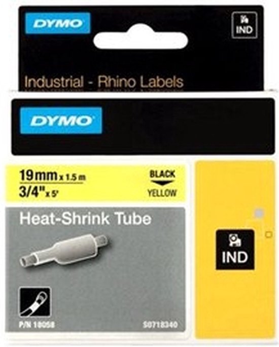 Verpakking DYMO Rhino Heat-Shrink Tube labels, 19 mm x 1,5 m, zwarte tekst op gele achtergrond.