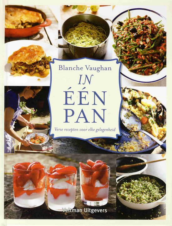 Boekomslag 'In één pan' met diverse gerechten: ovenschotel, pasta, salade, rijstgerecht, aardbeien met room en groente.