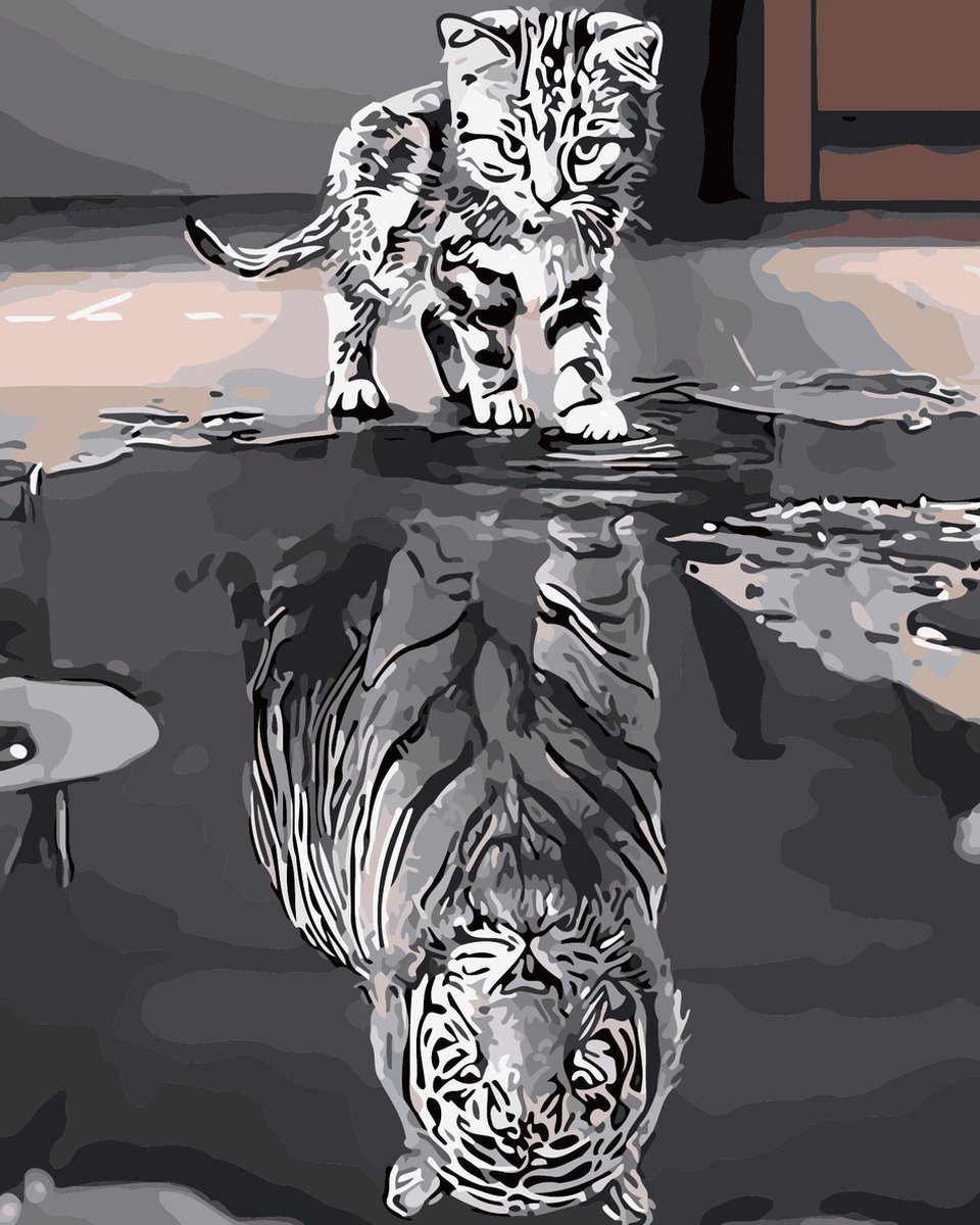 Joeni® - Schilderen op nummer - 40x50cm - Kitten in Spiegelbeeld Tijger - Los Canvasdoek