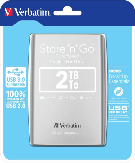 Verbatim Disque dur portable USB Store 'n' Go 3.0, 2 To, Argenté | bol.com