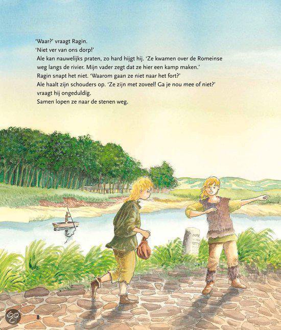 Twee jongens lopen over een stenen pad bij een rivier. Op de achtergrond is een bos en een visser in een boot. Illustratie uit 'Keizer aan zee'.