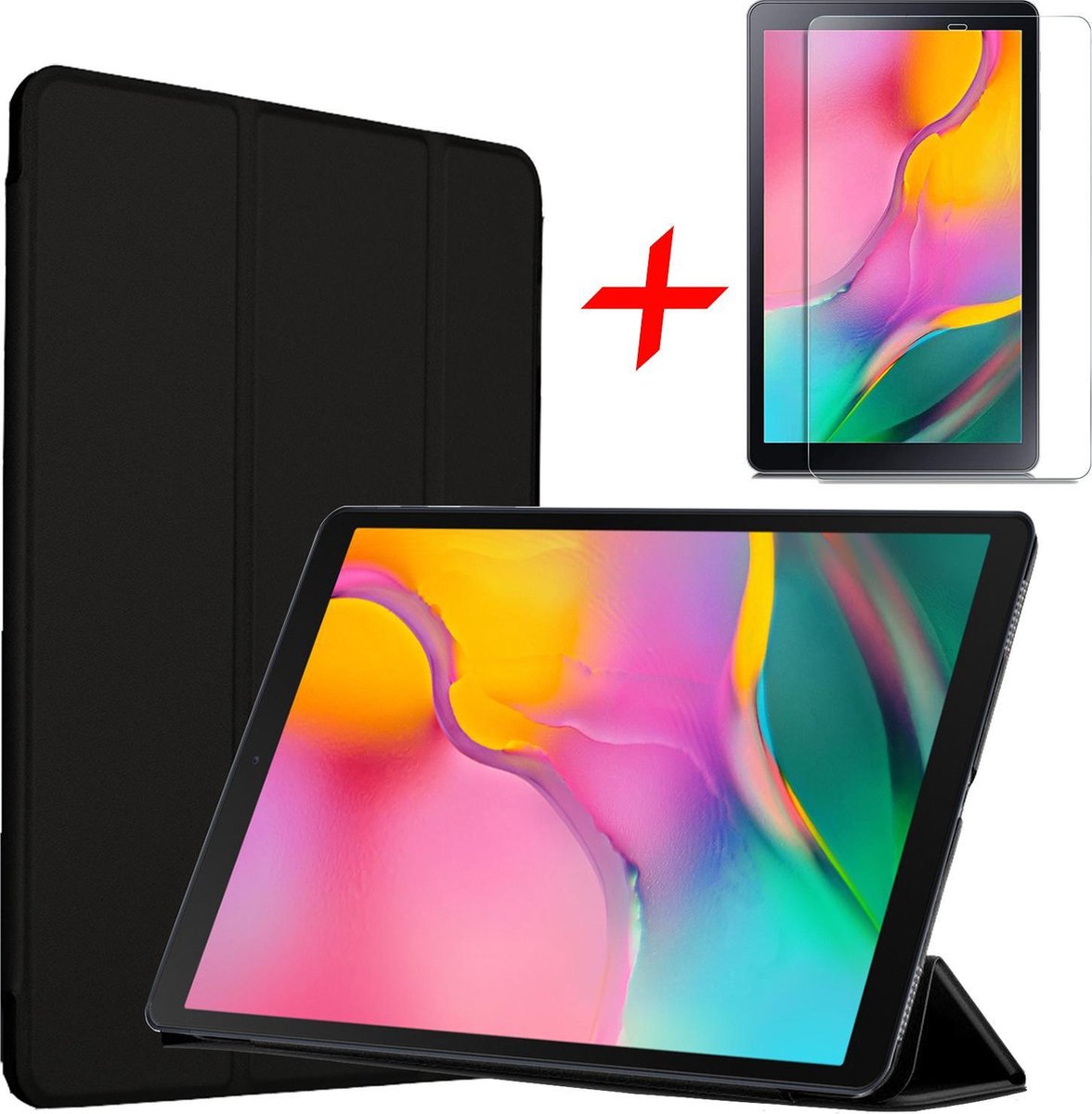 Hoes geschikt voor Samsung Galaxy Tab A 10.1 (2019) + Screenprotector - Smart Book Case Tri-Fold Hoesje - iCall - Zwart