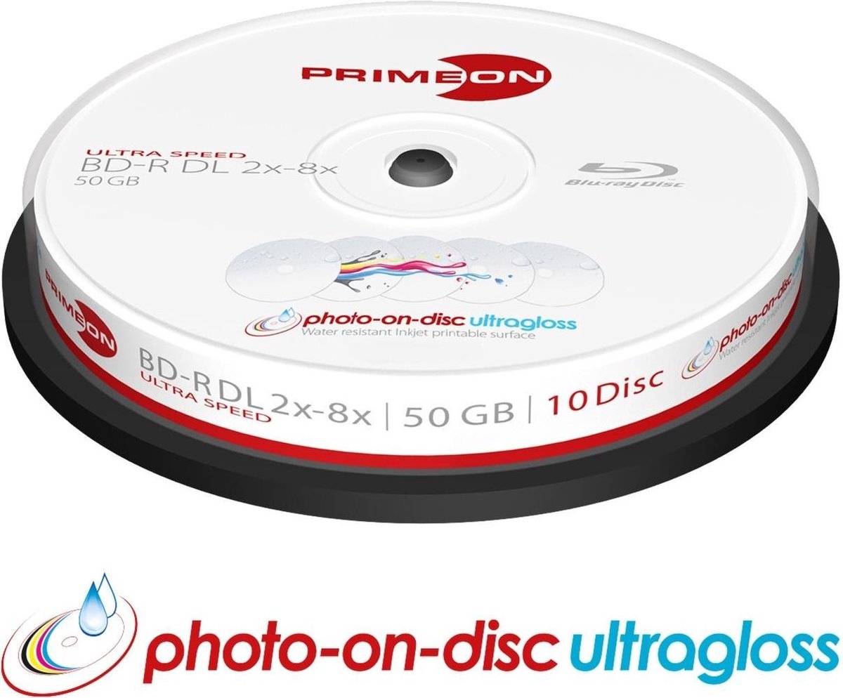 Primeon BD-R DL 50GB/2-8x Cakebox (10 Disc) GLOSSY WATERPROOF Printable