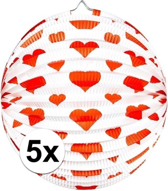 5x stuks Bol lampionnen rond met rode hartjes 36 cm