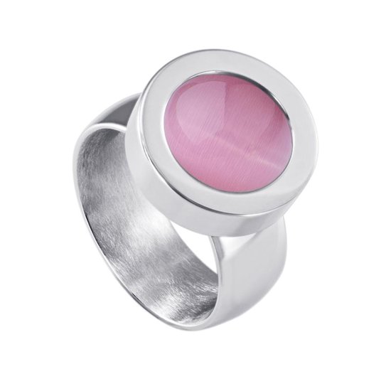 Quiges RVS Schroefsysteem Ring Zilverkleurig Glans 17mm met Verwisselbare Cat's Eye Roze 12mm Mini Munt