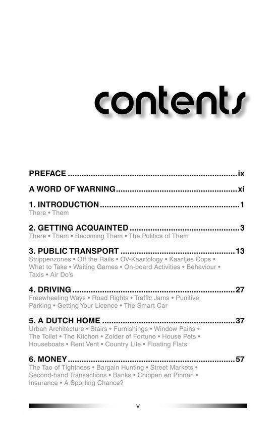 Inhoudsopgave van een boek met Nederlandse onderwerpen, genummerd 1-6.