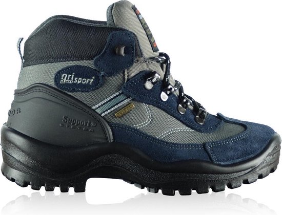 Blauwe en grijze wandelschoen met veters, grijs en blauw gestreept accent.
