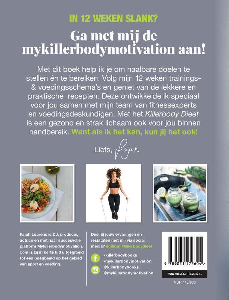 In 12 weken slank? Ga met mijn mykillerbodymotivation aan! Met dit boek help ik je om haalbare doelen te stellen en je lichaam te bereiken. Volg mijn 12 weken trainings- & voedingsschema's en geniet van de lekkere en praktische recepten.
