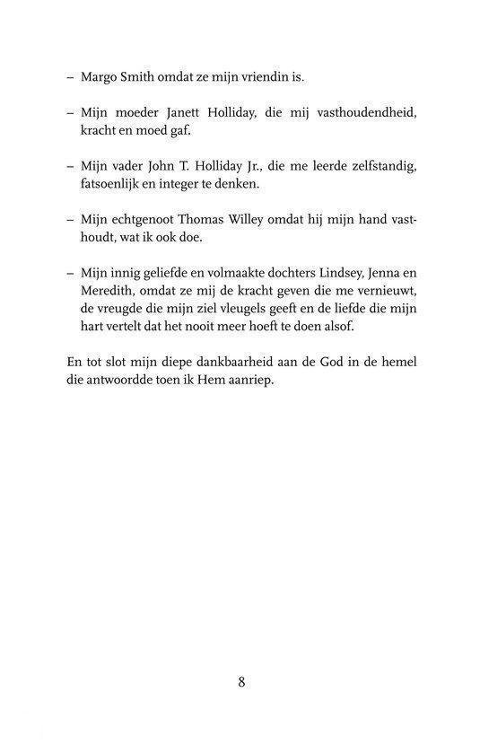 Bladzijde 8 met dankbetuigingen, o.a. aan Margo Smith, moeder Janett Holliday, vader John T. Holliday Jr., echtgenoot Thomas Willey en dochters Lindsey, Jenna en Meredith.