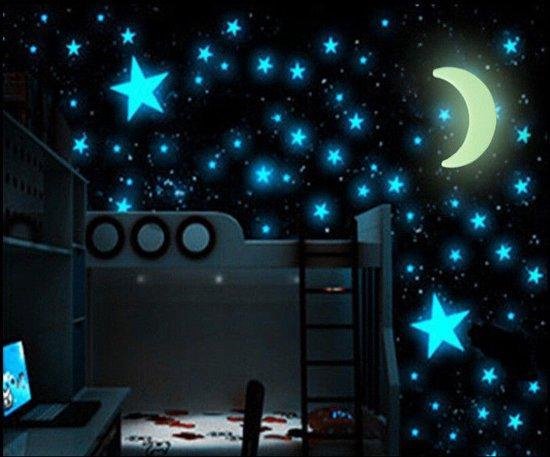 Glow-in-the-dark sterren en een maan op een donkere muur in een kinderkamer. De sterren gloeien blauw en de maan geel.